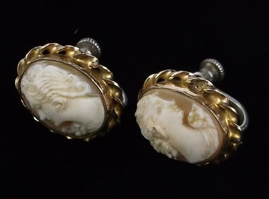 Stunning Vint 1940s 12kt Gold Over Sterling Shell Cameo Earrings