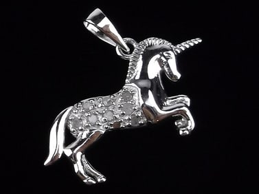 New Vintage Sterling Silver Diamond Unicorn Pendant