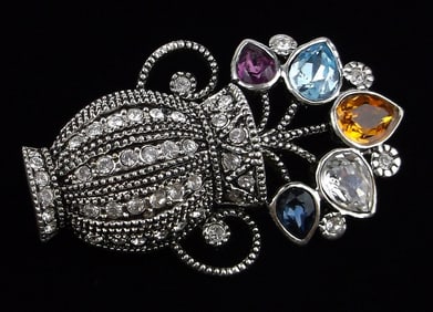 Mint Vintage Rhinestone Flower Vase Brooch