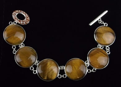 New Boxed Designer Big Sterling Silver Tigers Eye Bracelet 7.5"