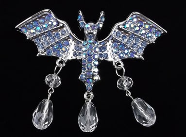 Big Mint Enameled Rhinestone Bat Brooch