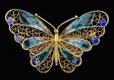 Mint Vint Gold Over Sterling Enameled Butterfly Brooch Filagree