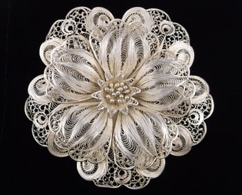 Huge Mint 1960s Taxco Sterling Silver Filagree Flower Brooch Heavy