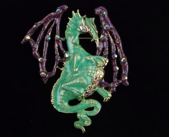 Big Mint Enameled Rhinestone Dragon Brooch