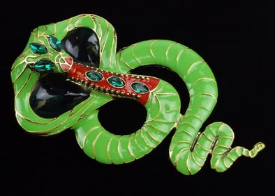 Big Mint Enameled Rhinestone Cobra Snake Brooch