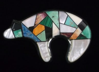 Big Navajo David Benally Sterling Silver Turquoise Bear Brooch Pend