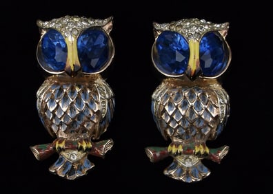 RARE 1944 Adolf Katz Coro Craft Sterling Owl Brooch Fur Clip Set