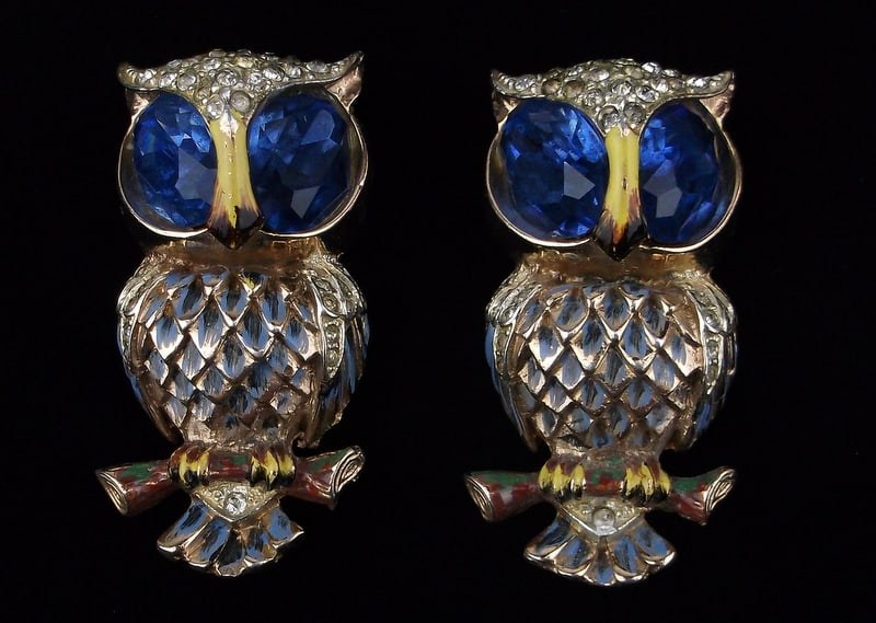 RARE 1944 Adolf Katz Coro Craft Sterling Owl Brooch Fur Clip Set (1 of 8)