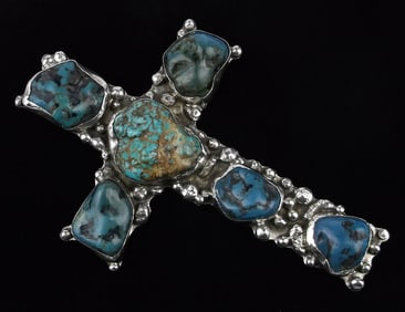 GIANT 1960s Navajo Lin Billah Sterling Turquoise Cross Pendant