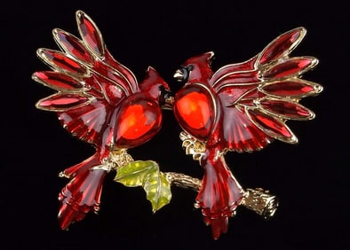Mint Enameled Jelly Belly Rhinestone Cardinal Bird Brooch Big
