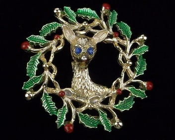 Mint Vint 1970s Gerrys Enameled Rhinestone Christmas Brooch