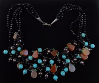 Mint Vint Sterling Silver Turquoise Pearl Agate Necklace 18"