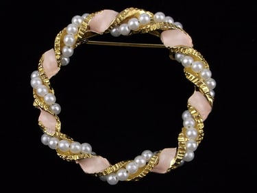 Mint Vintage 1960s Enameled Faux Pearl Brooch