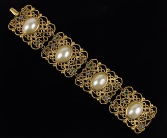 Stunning Vintage 1960s Rhinestone Faux Pearl Bracelet 7.5"