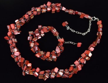 New Vintage Red Shell MOP Necklace Bracelet Set 9" 23"