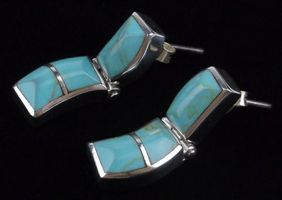 Mint Vint Thick Taxco 950 Sterling Silver Turquoise Earrings