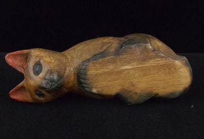 Mint Vint Hand Carved Wood Drinking Cat Sculpture