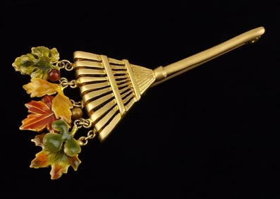 Mint Vintage Enameled Raking Leaves Brooch
