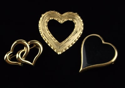3 Vintage Heart Brooch Lot