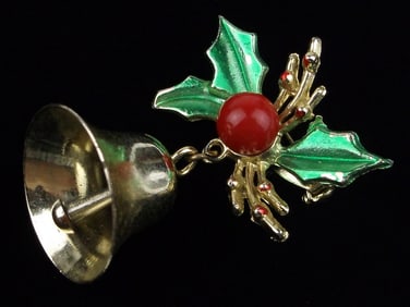 Stunning Vint Enameled Christmas Bell Holly Brooch