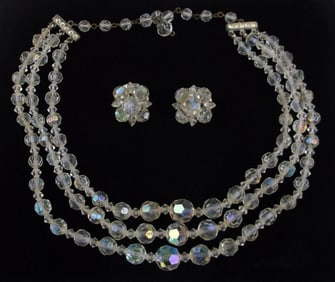 Stunning Vintage 1950s Crystal Necklace Earrings Set 16"