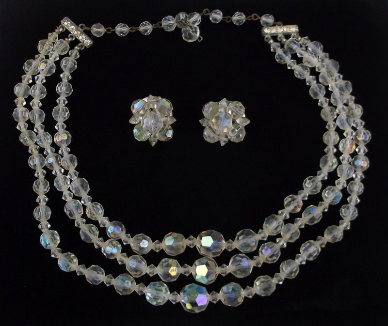 Stunning Vintage 1950s Crystal Necklace Earrings Set 16": excellent condition