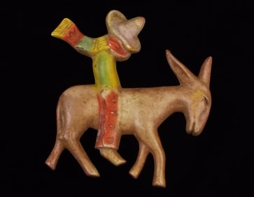 Gorgeous Vint 1940s Celluloid Man On Donkey Brooch