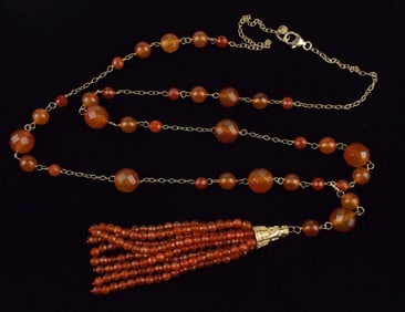 New Big Gold over Sterling Orange Calcite Necklace 32"