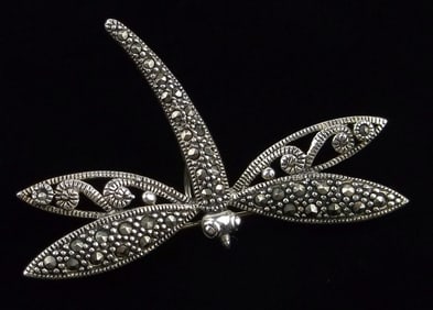 Mint Vint Thick Sterling Silver Marcasite Dragonfly Brooch