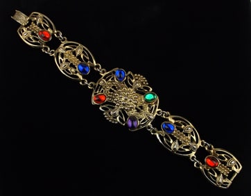 Stunning Vint 1960s Jelly Belly Rhinestone Bracelet 7.5" Egyptian