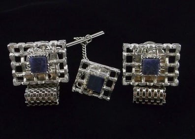 Mint Vintage 1970s Lapis Cufflinks Tie Pin Set