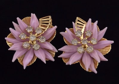Stunning Vintage 1960s Big Rhinestone Flower Earrings
