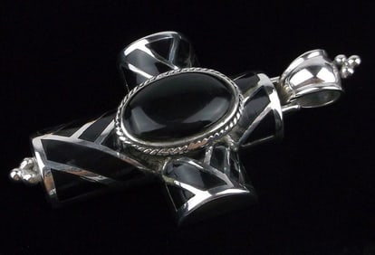 Big Mint Vint Thick Sterling Silver Onyx Cross Pendant Heavy