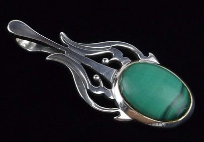 Mint Vint Brilanti Taxco 950 Sterling Silver Malachite Pendant Thick