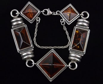 Mint Vint Heavy Sterling Silver Genuine Amber Bracelet 7.5"