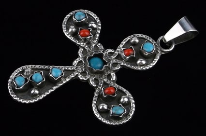Big Mint Vint 1970s Taxco Sterling Turquoise Cross Pendant TF71