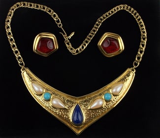 Mint Vintage Egyptian Revival Rhinestone Necklace Earrings 21"