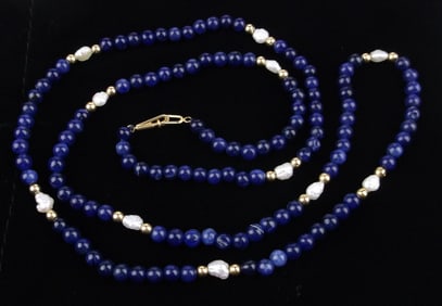 Mint Vintage 14kt Gold Lapis Pearl Necklace 24"