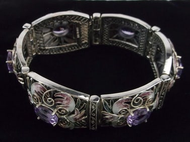 Big Mint Sterling Silver Guilloche 9ct Amethyst Bracelet 7.5" Heavy