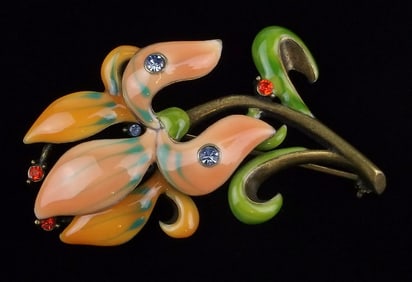 Mint Vintage Enameled Rhinestone Flower Brooch