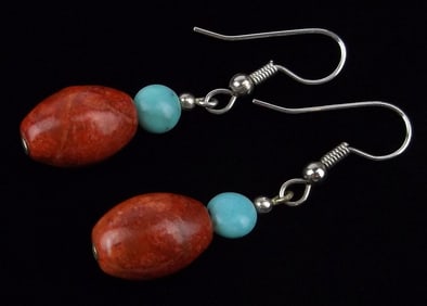New Red Coral Turquoise Drop Earrings