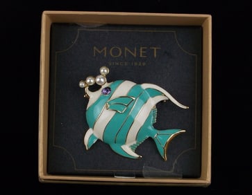 New Boxed Monet Enameled Rhinestone Fish Brooch $26