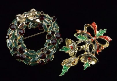 2 Mint Vintage Enameled Rhinestone Christmas Brooch Lot