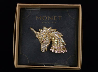 New Boxed Monet Rhinestone Unicorn Brooch $26