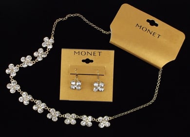 New Monet Rhinestone Necklace Earrings Set 20" $48