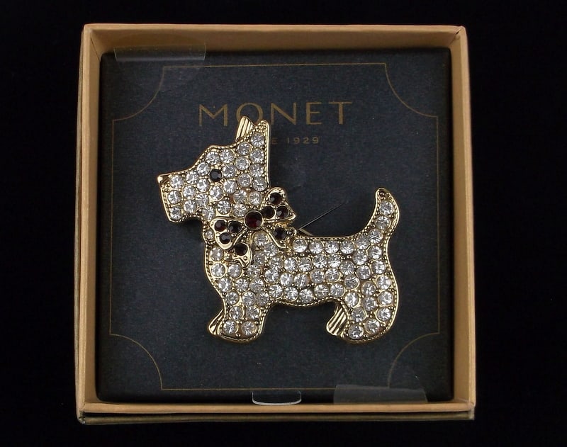New Boxed Monet Schnauzer Dog Rhinestone Brooch $26: new condition