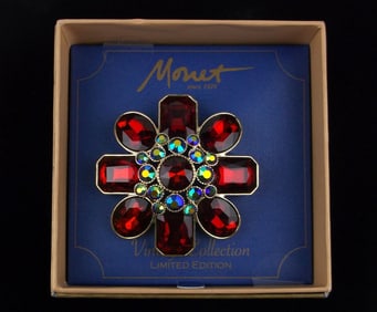 New Boxed Monet Ruby Red Rhinestone Brooch $26