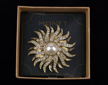 New Boxed Monet Rhinestone Sun Brooch $26