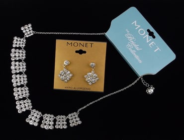 New Monet Rhinestone Necklace Earrings Set 20" $54