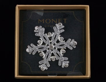 New Boxed Monet Enameled Rhinestone Snowflake Brooch $26